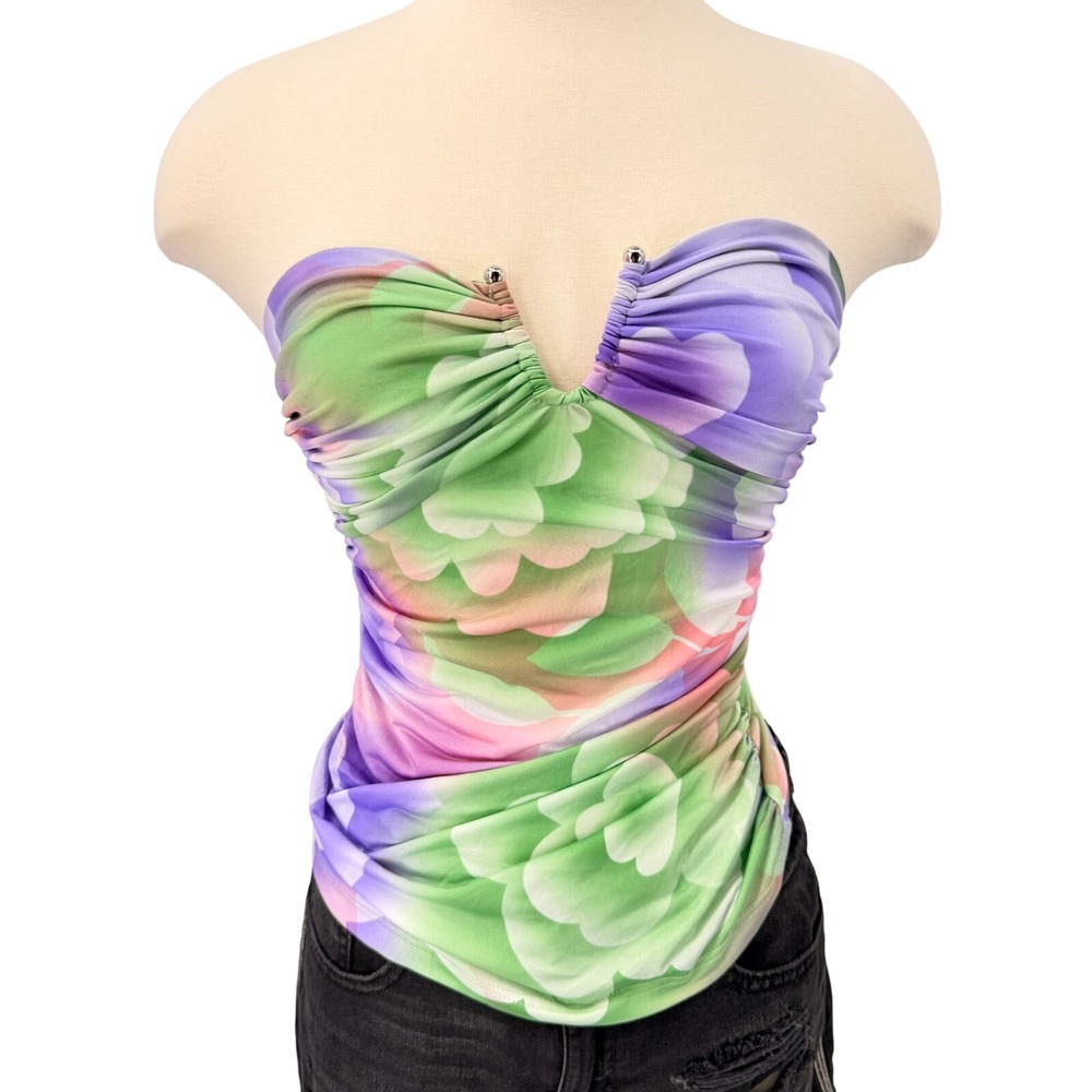 YOYO5 Ruched Floral Tube Top Womens Small Purple Green V-Neck Sweetheart USA